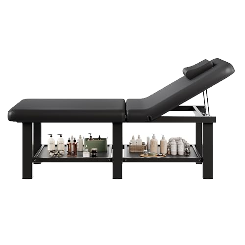 30.5'' Wide × 75'' Long Folding Stationary Massage Table with Backrest and Storage Space for Treatment Table Physical Therapy Table Spa Facial Bed